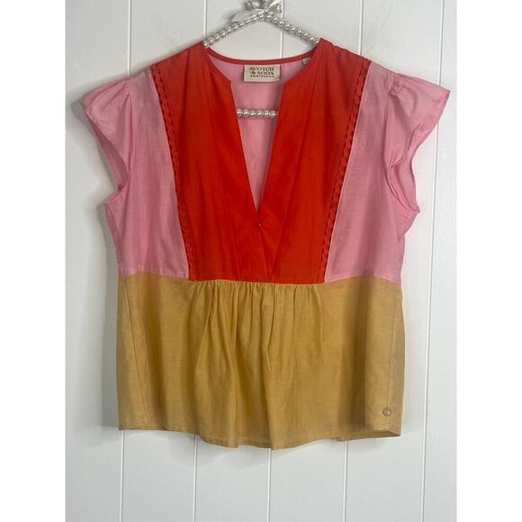 Scotch & Soda Amsterdam V Neck Flutter Short Sleeve Color Block Top Size Small - Picture 5 of 10